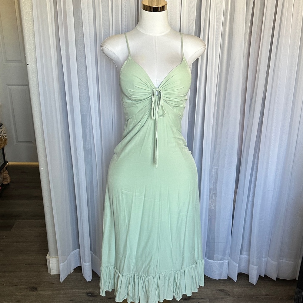Sage Green Front Tie Ruffle Trim Dress